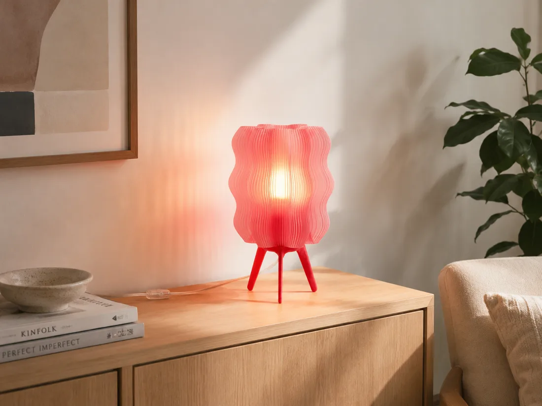 Lámpara de mesa impresa en 3D con pantalla ondulada iluminada